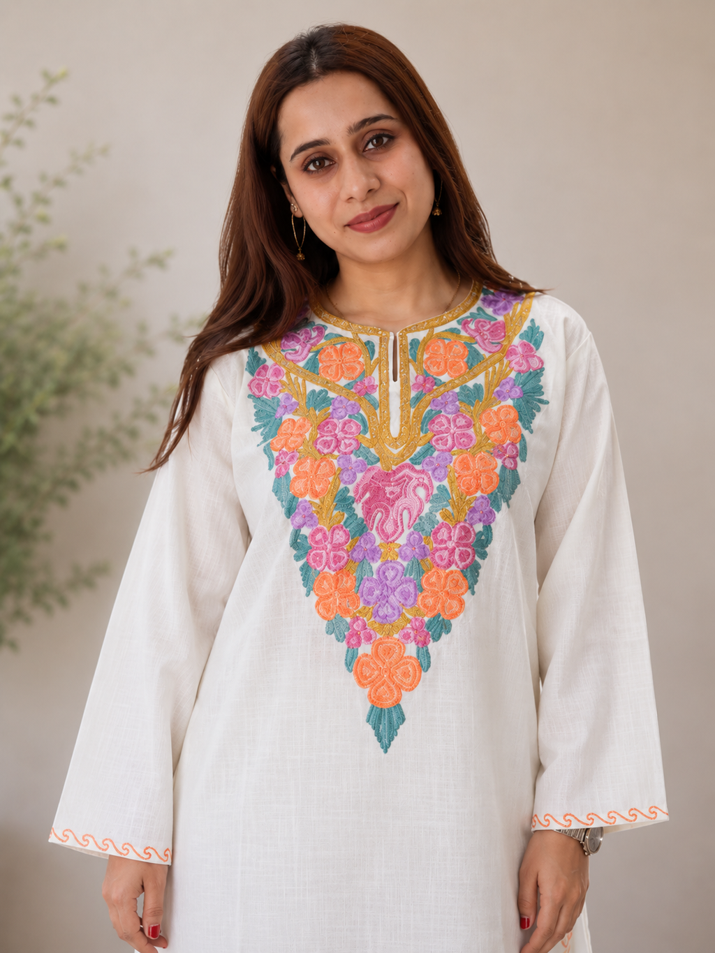 Aari Work Long Kurti in Ruby Cotton with Floral Motifs