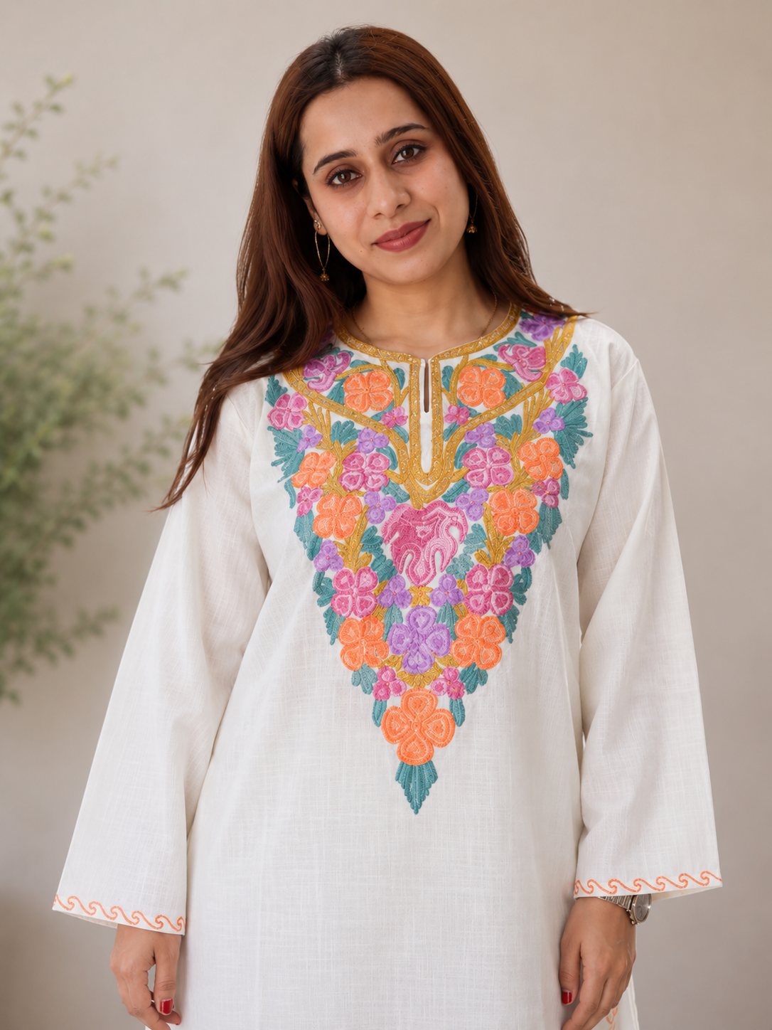 Aari Work Long Kurti in Ruby Cotton with Floral Motifs