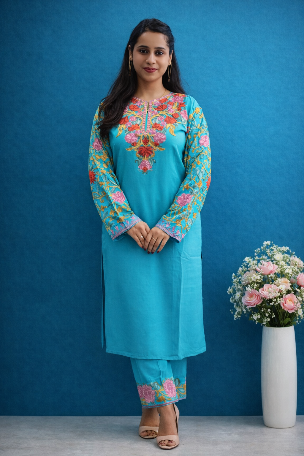 Rayon Sea Green Kashmiri Aari Work Cord Set