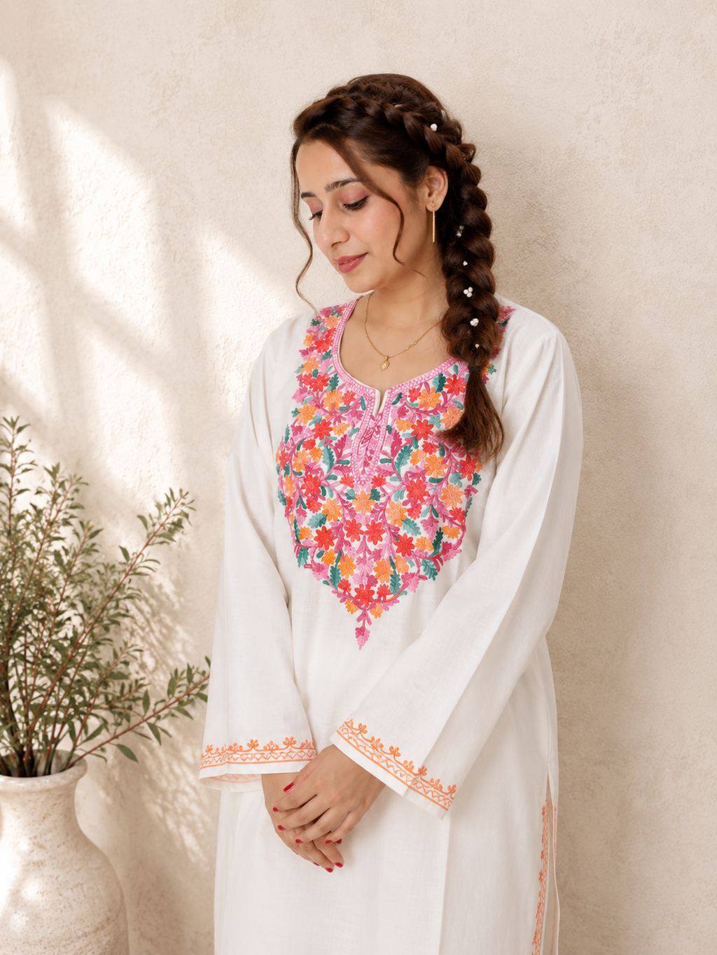 Aari Work Long Kurti in White and Purple Ruby Cotton