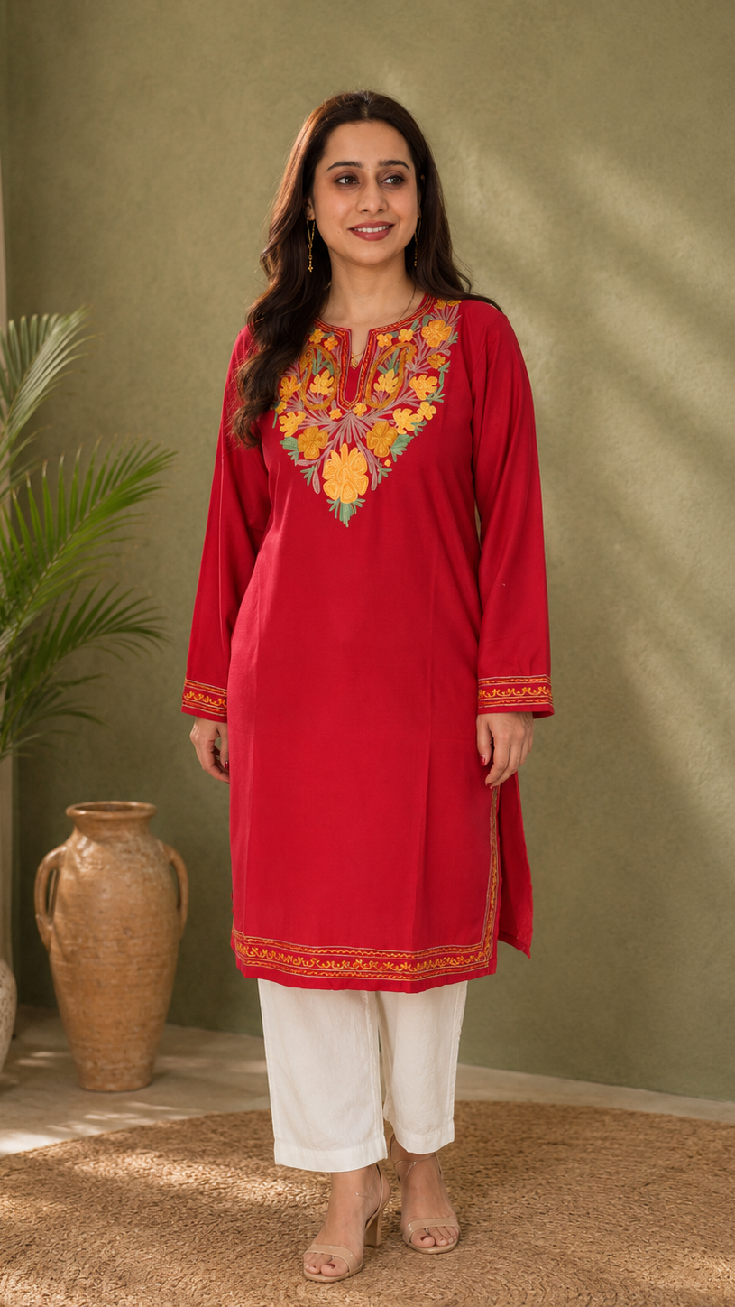Aari Work Long Kurti in Ruby Cotton with Floral Motif