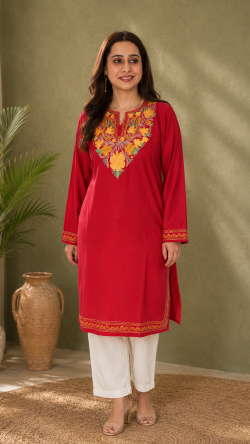 Aari Work Long Kurti in Ruby Cotton with Floral Motif