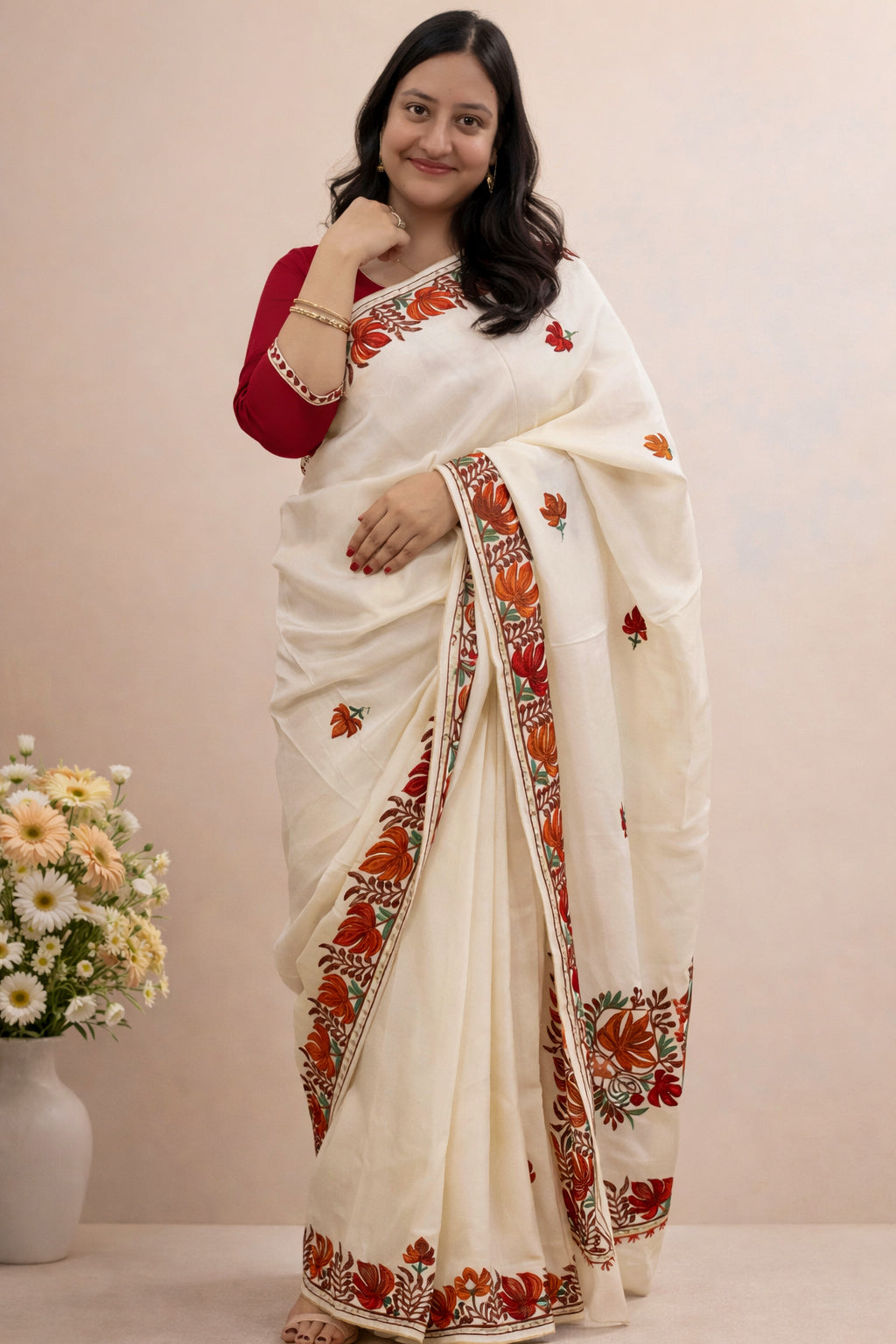 Silk Cream Kashmiri Aari Work Saree