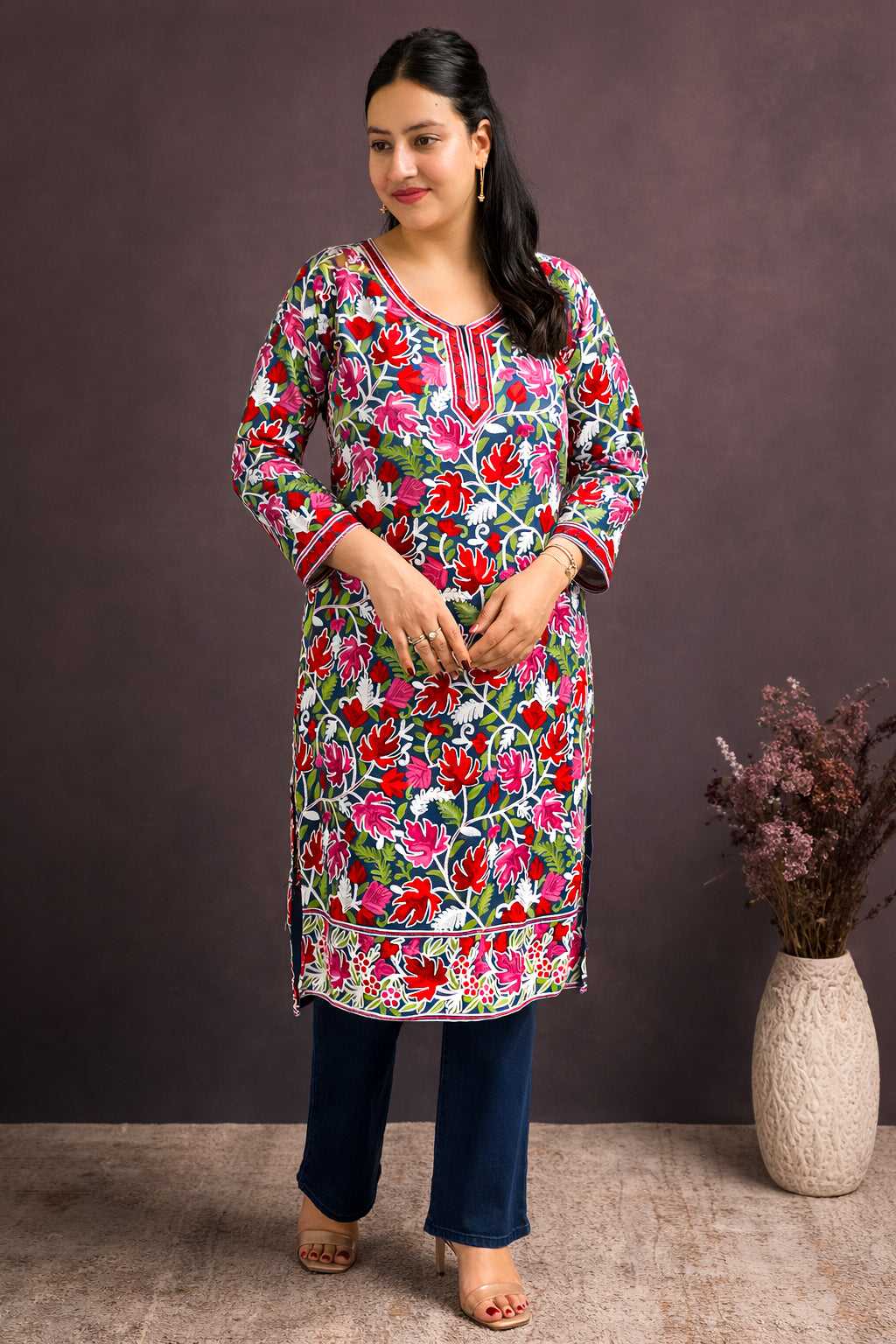 Georgette Teal Kashmiri Aari Work Long Kurta