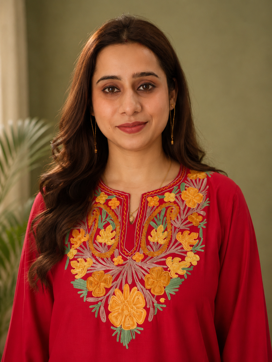 Aari Work Long Kurti in Ruby Cotton with Floral Motif