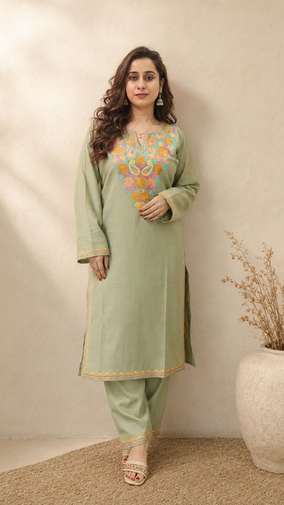 Light Green Aari Work Cord Set in Ruby Cotton