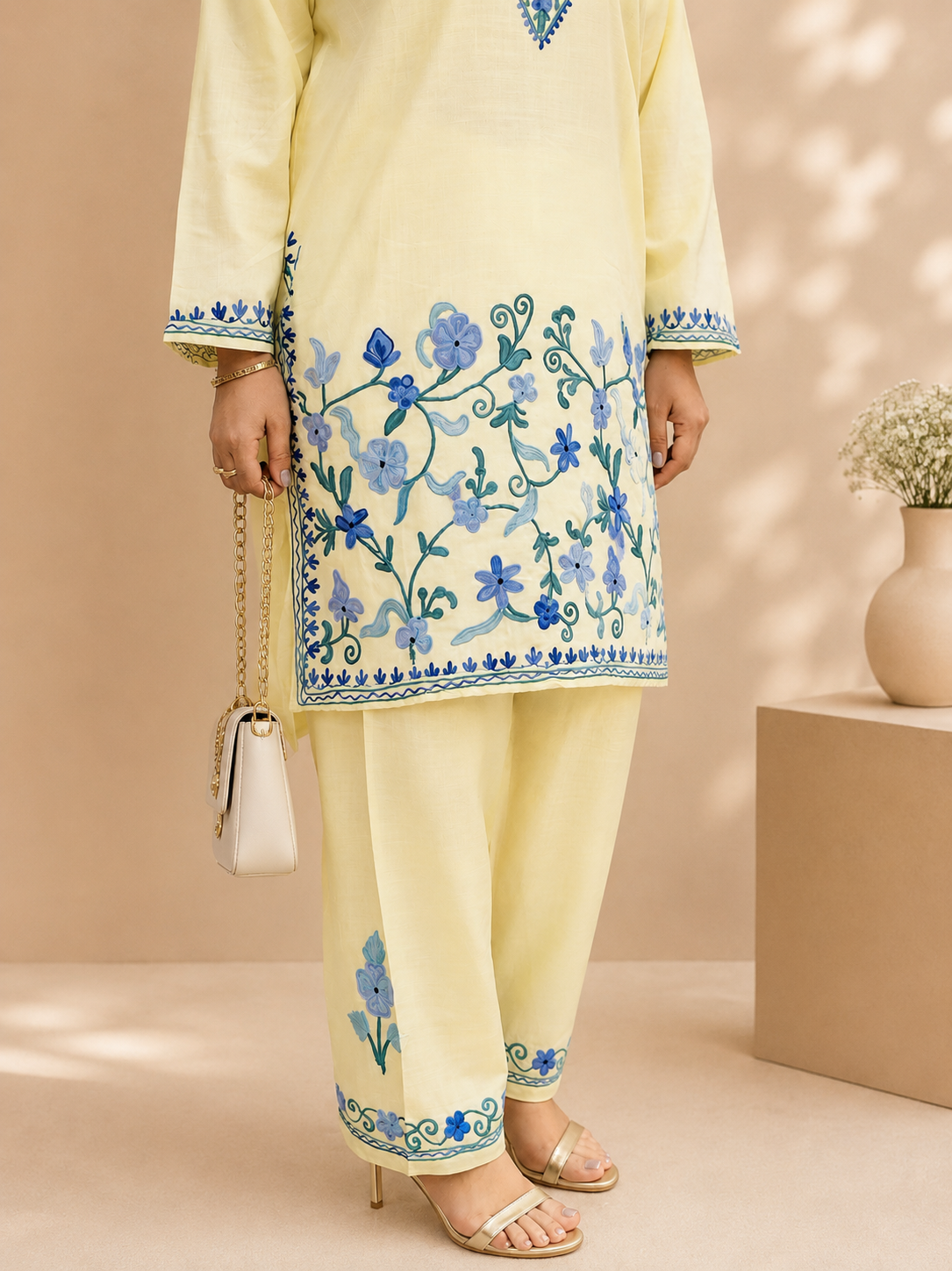 Light Yellow Ruby Cotton Cord Set with Jali Daman Aari Work