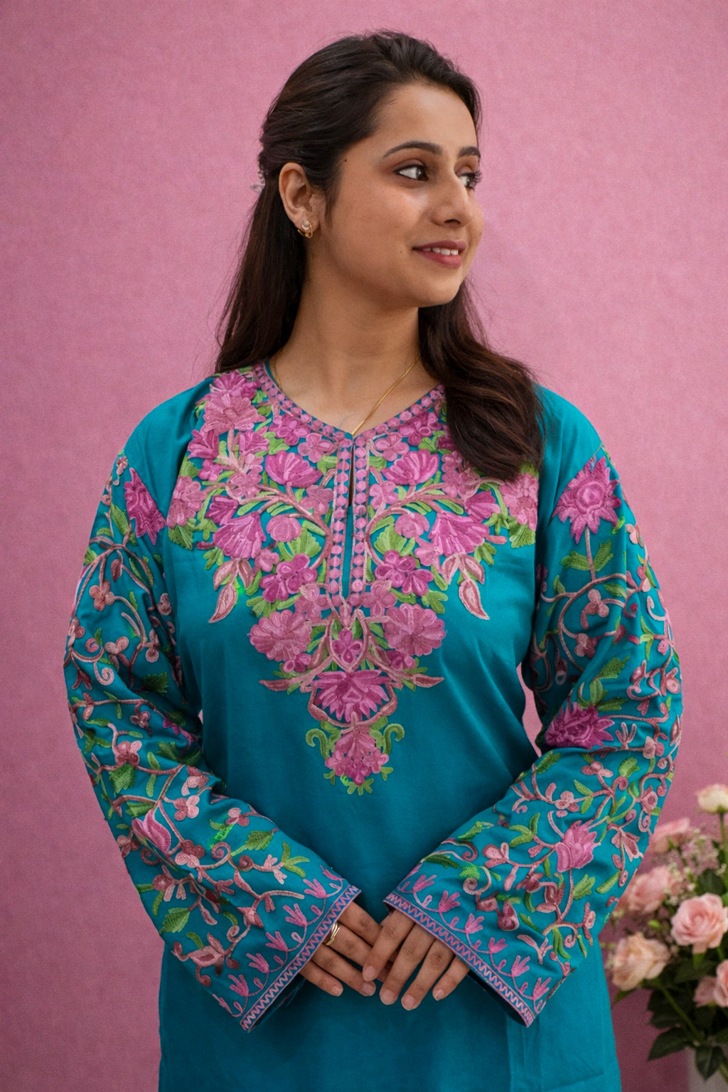 Rayon Teal Kashmiri Aari Work Cord Set