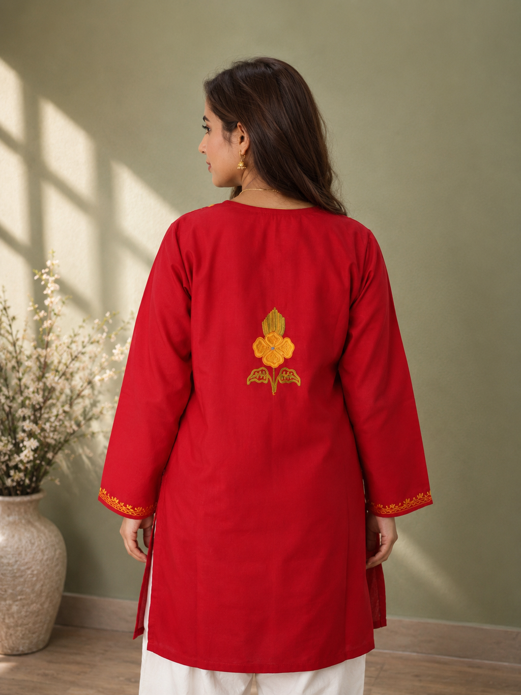 Intricate Aari Work Long Kurti in Ruby Cotton
