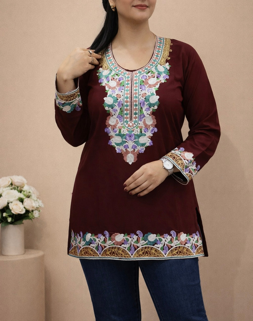 Cotton Maroon Kashmiri Aari Work Short Kurta