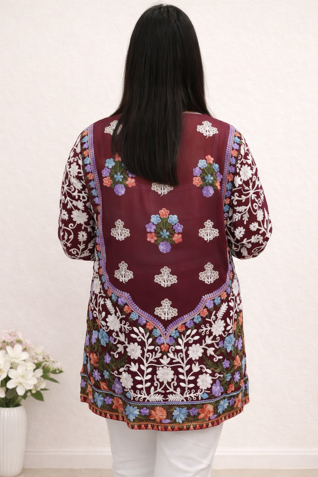 Georgette Maroon Kashmiri Aari Work Short Kurta