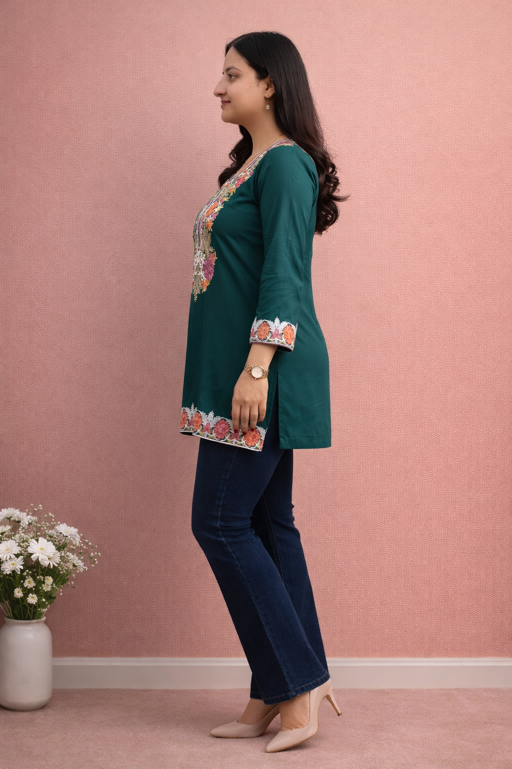 Cotton Dark Green Kashmiri Aari Work Short Kurta