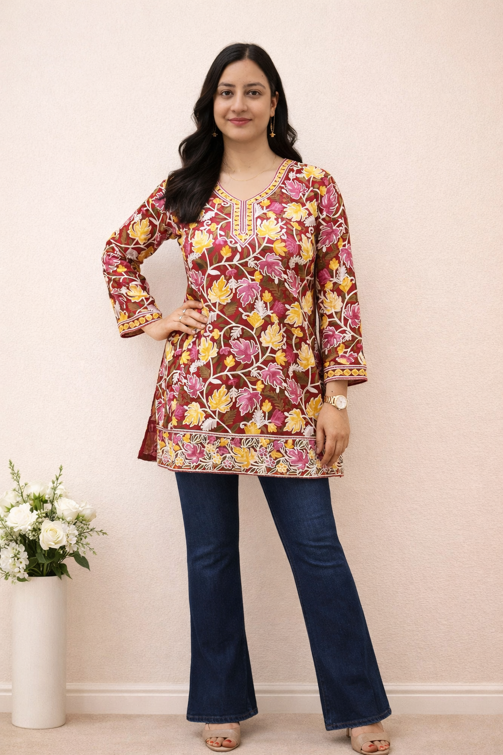 Georgette Red Yellow Kashmiri Aari Work Short Kurta