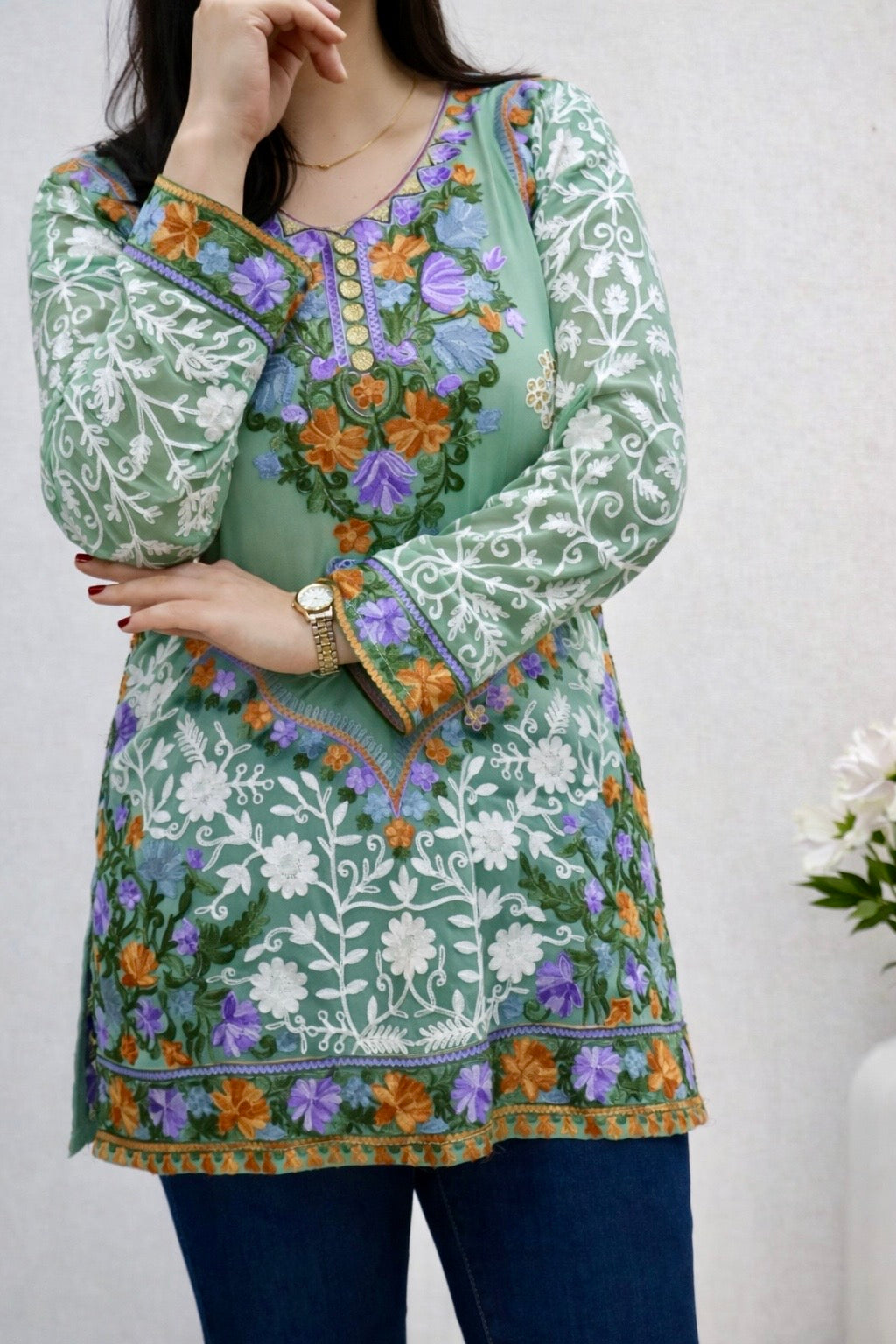 Georgette Green Kashmiri Aari Work Short Kurta