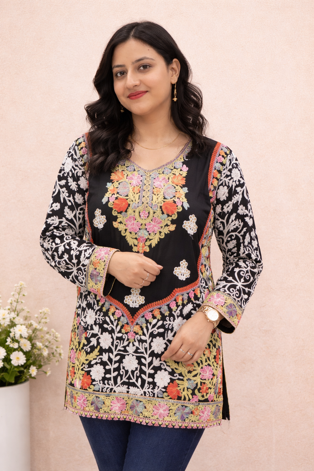 Georgette Black Kashmiri Aari Work Short Kurta