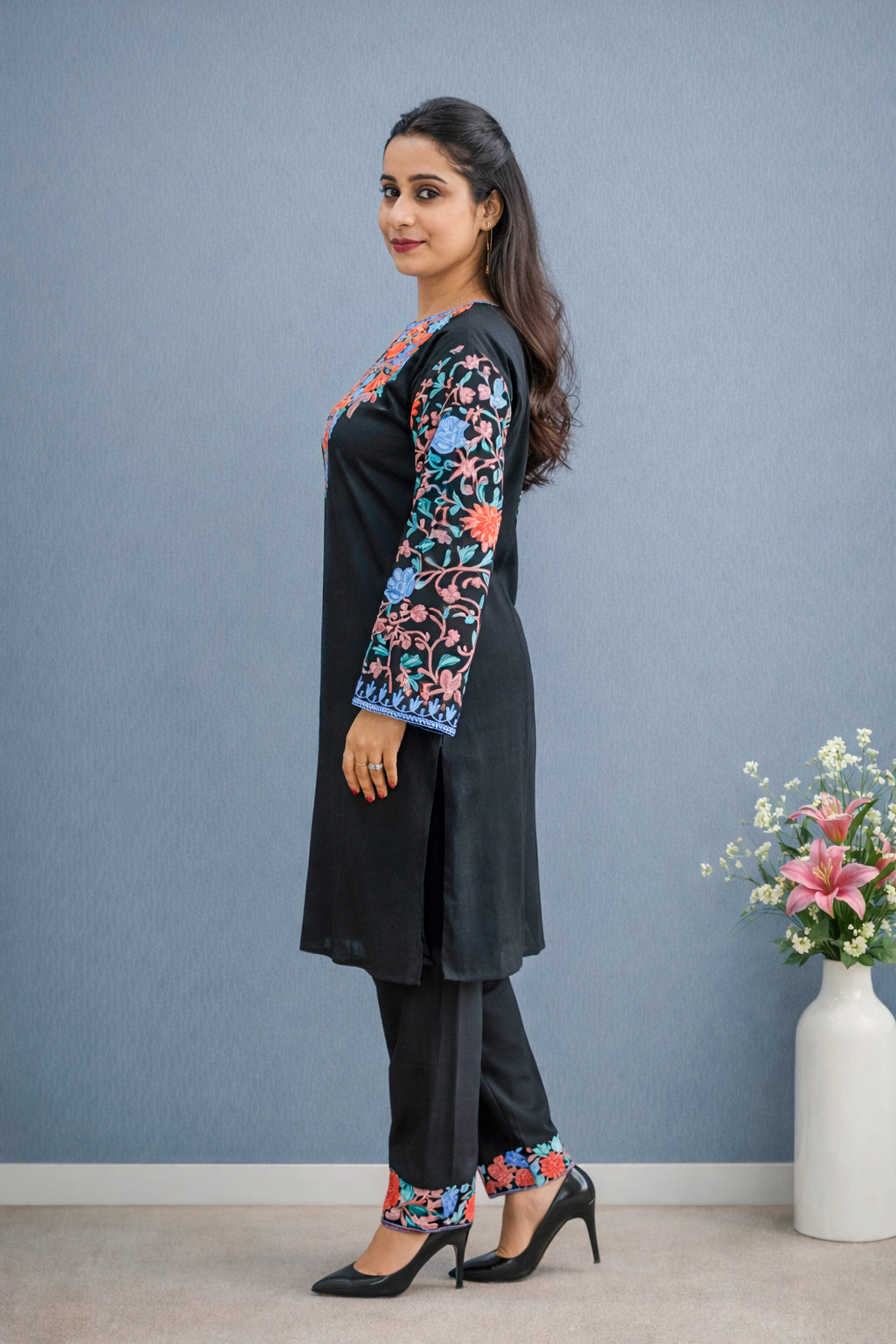 Rayon Black Kashmiri Aari Work Cord Set