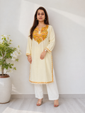 Handcrafted Aari Work Long Kurti in Light Yellow Green