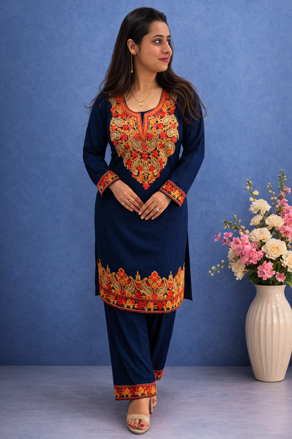 Rayon Navy Blue Kashmiri Aari Work Cord Set