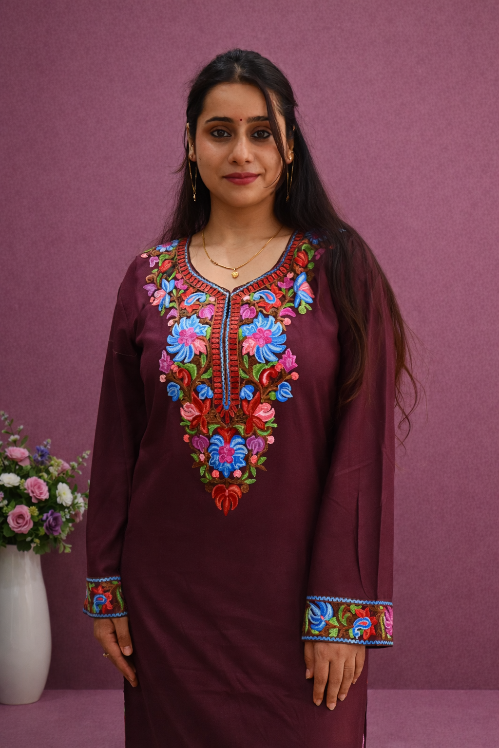 Rayon Brown Kashmiri Aari Work Cord Set