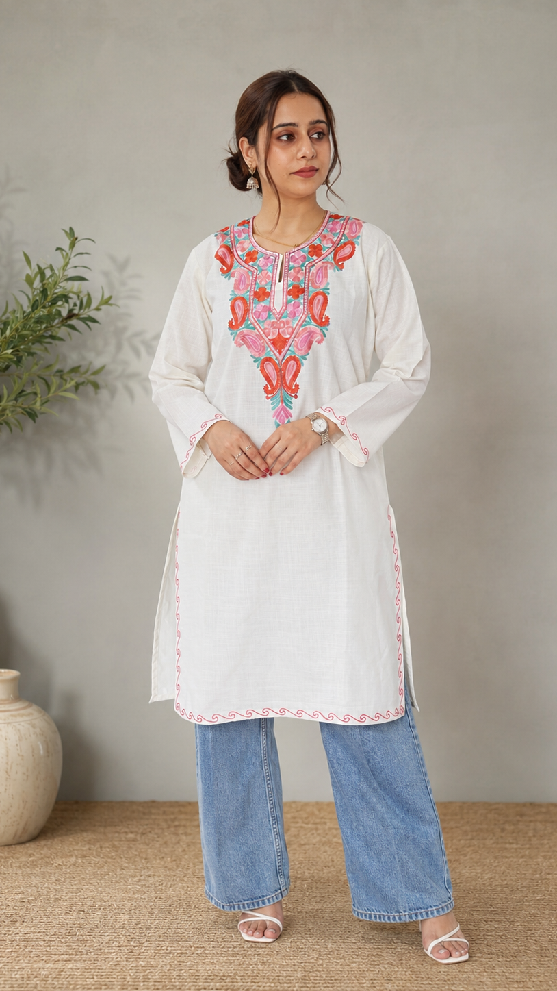Aari Work Long Kurti in White Brown Ruby Cotton