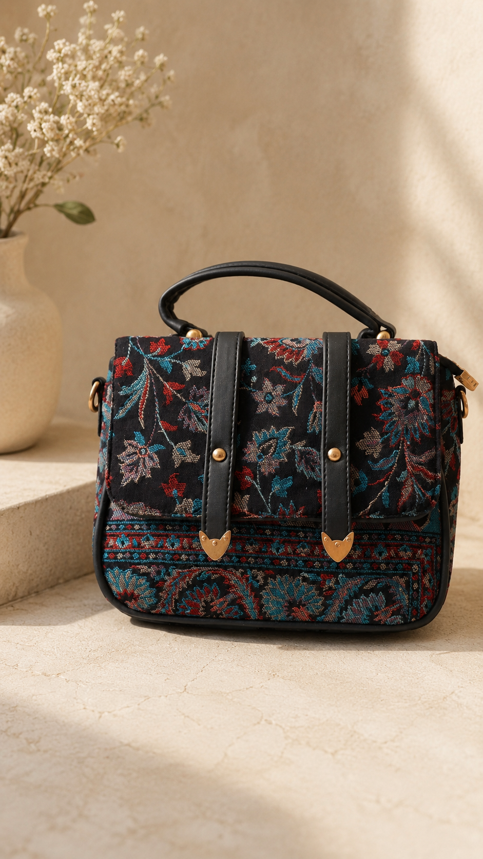 Kalamkari Double Belt Handbag in Blue Black Cotton