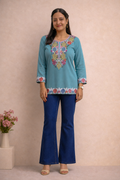 Cotton Teal Kashmiri Aari Work Short Kurta