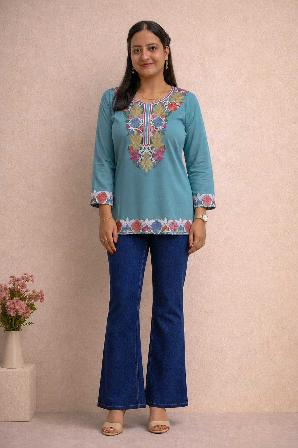Cotton Teal Kashmiri Aari Work Short Kurta
