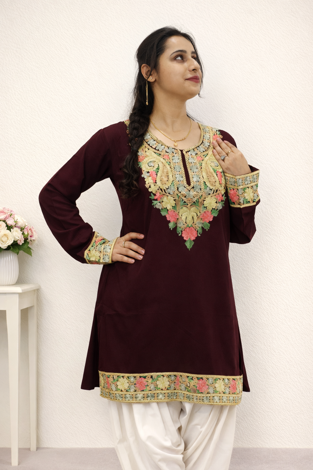 Rayon Wine Kashmiri Aari Work Short Kurta