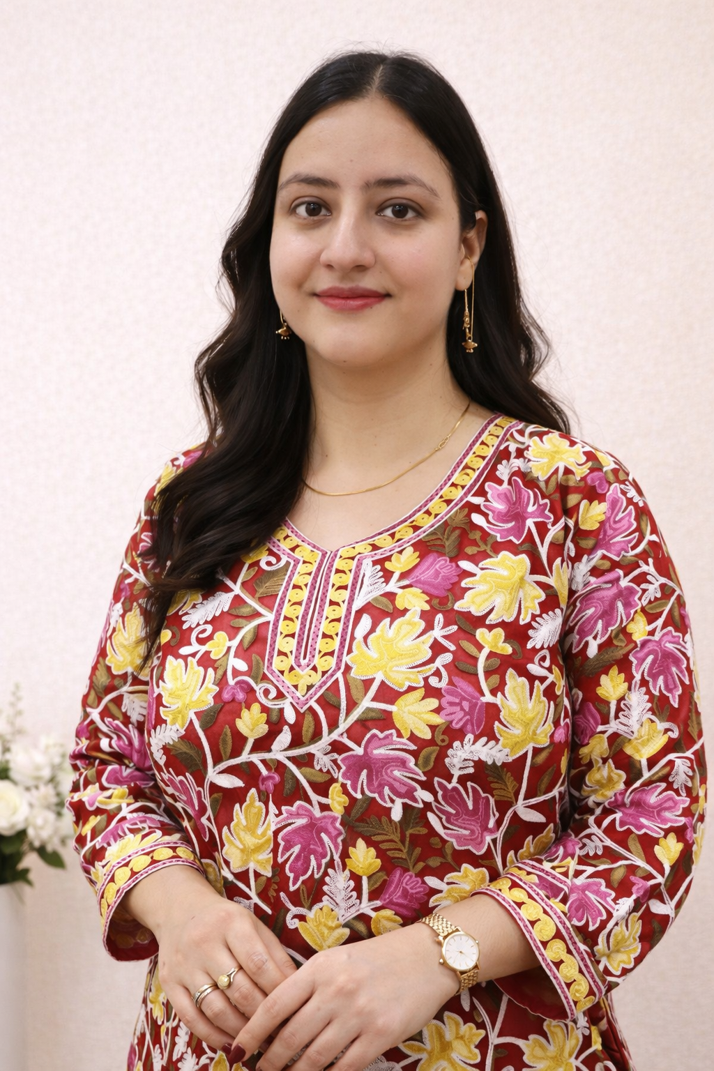 Georgette Red Yellow Kashmiri Aari Work Short Kurta