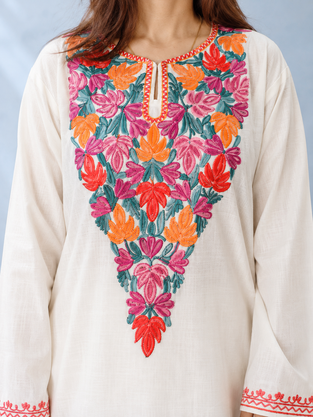 Aari Work Long Kurti in White with Floral Motif Embroidery