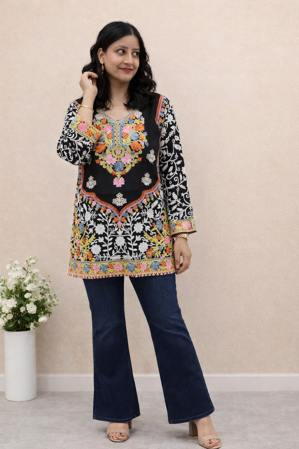 Georgette Black Kashmiri Aari Work Short Kurta