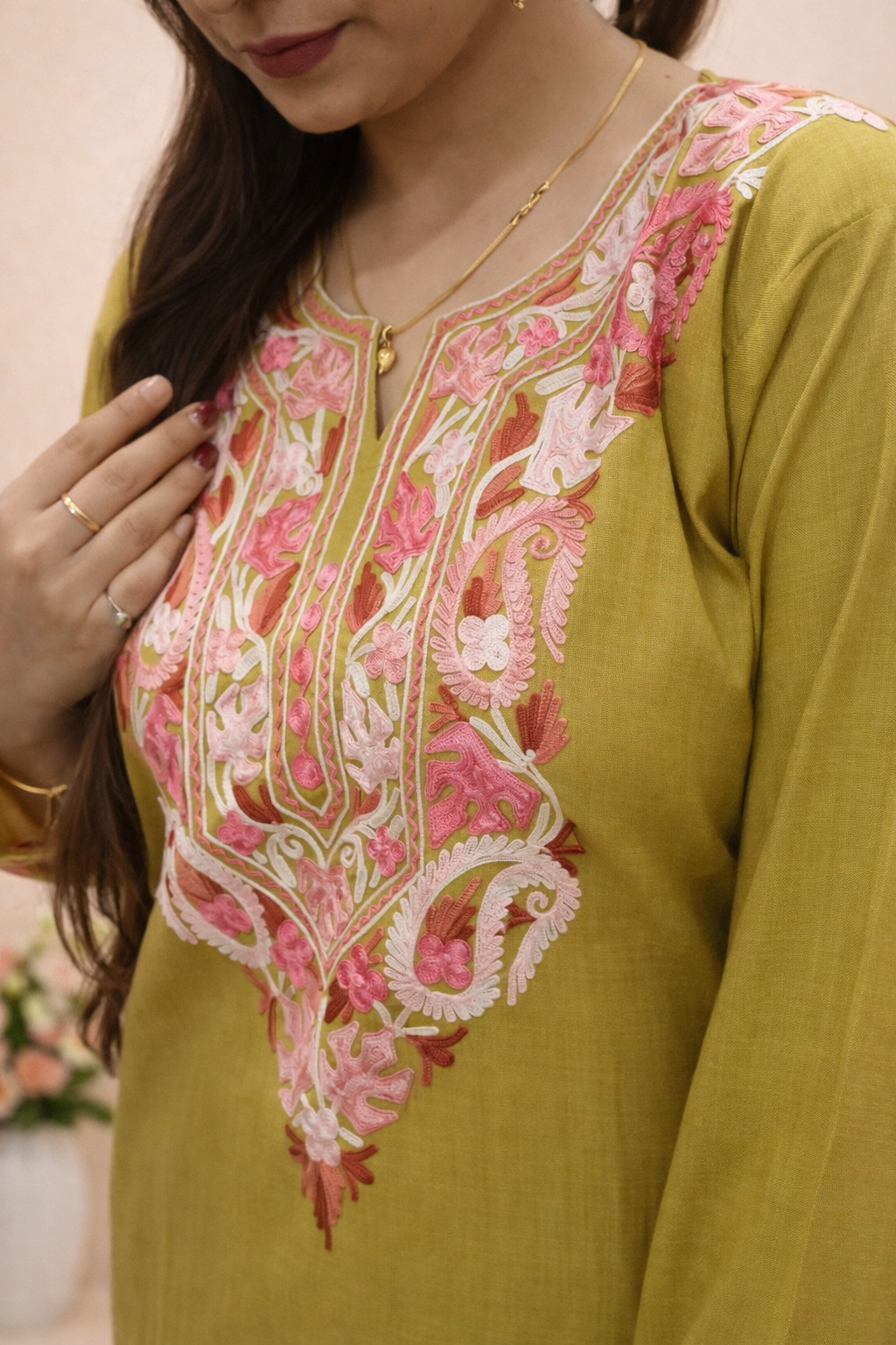 Cotton Mustard Kashmiri Aari Work Cord Set