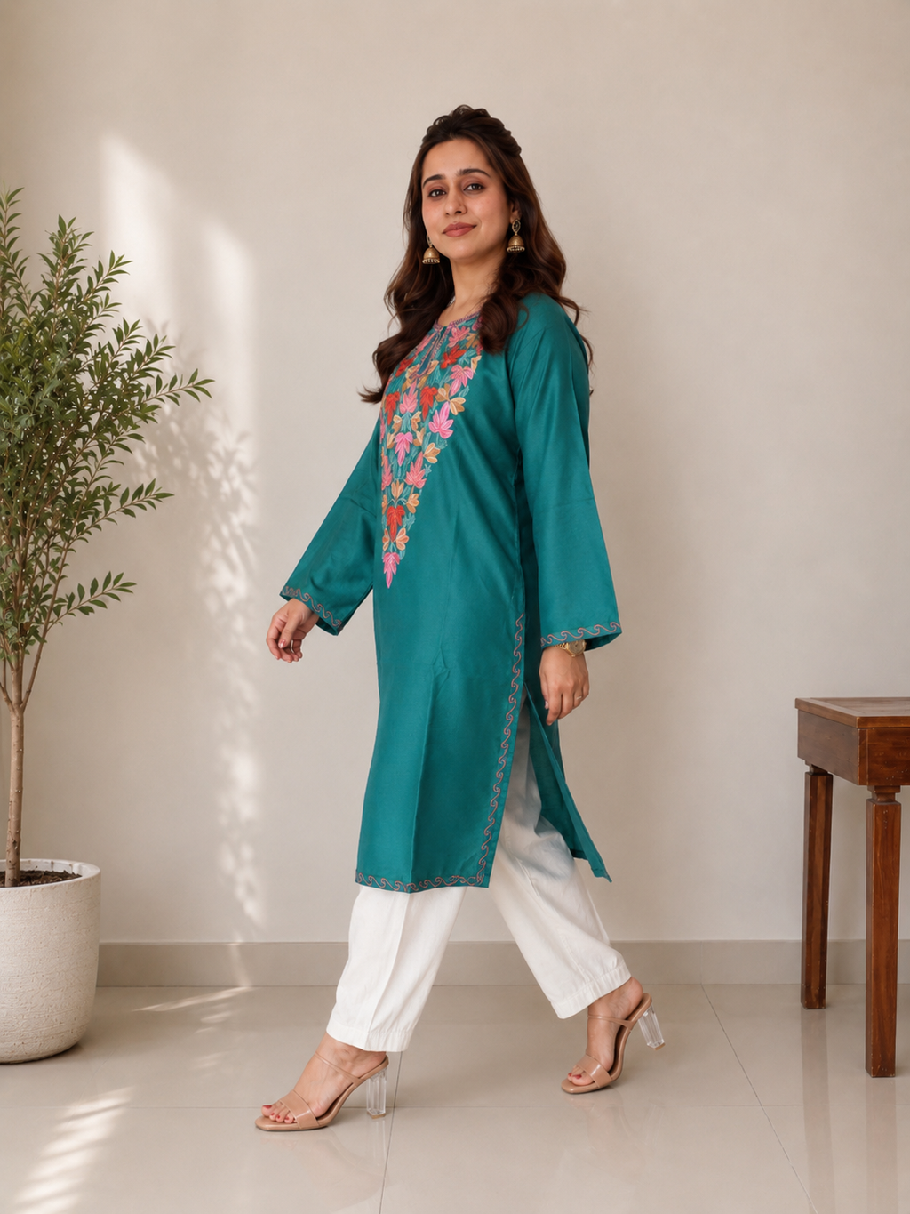 Dark Green Aari Work Long Kurti in Ruby Cotton