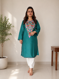 Dark Green Aari Work Long Kurti in Ruby Cotton