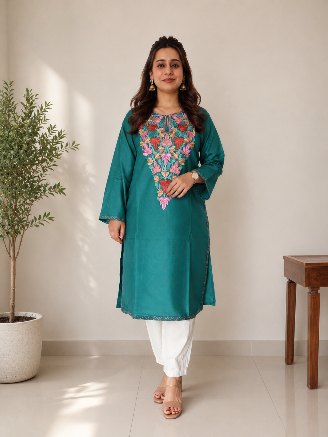 Dark Green Aari Work Long Kurti in Ruby Cotton