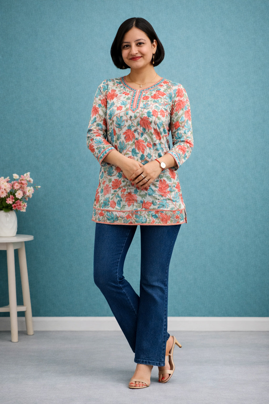 Georgette Nude Kashmiri Aari Work Short Kurta