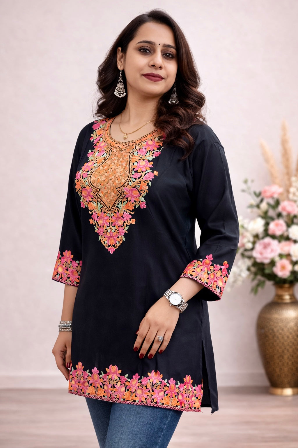 Rayon Black Kashmiri Aari Work Short Kurta