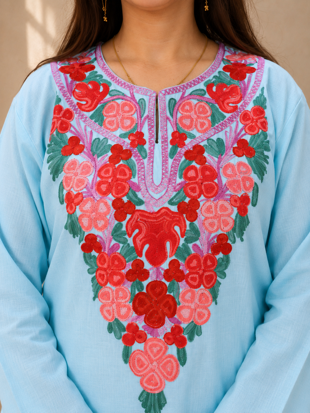 Hand-Embroidered Aari Work Long Kurti in Sea Blue