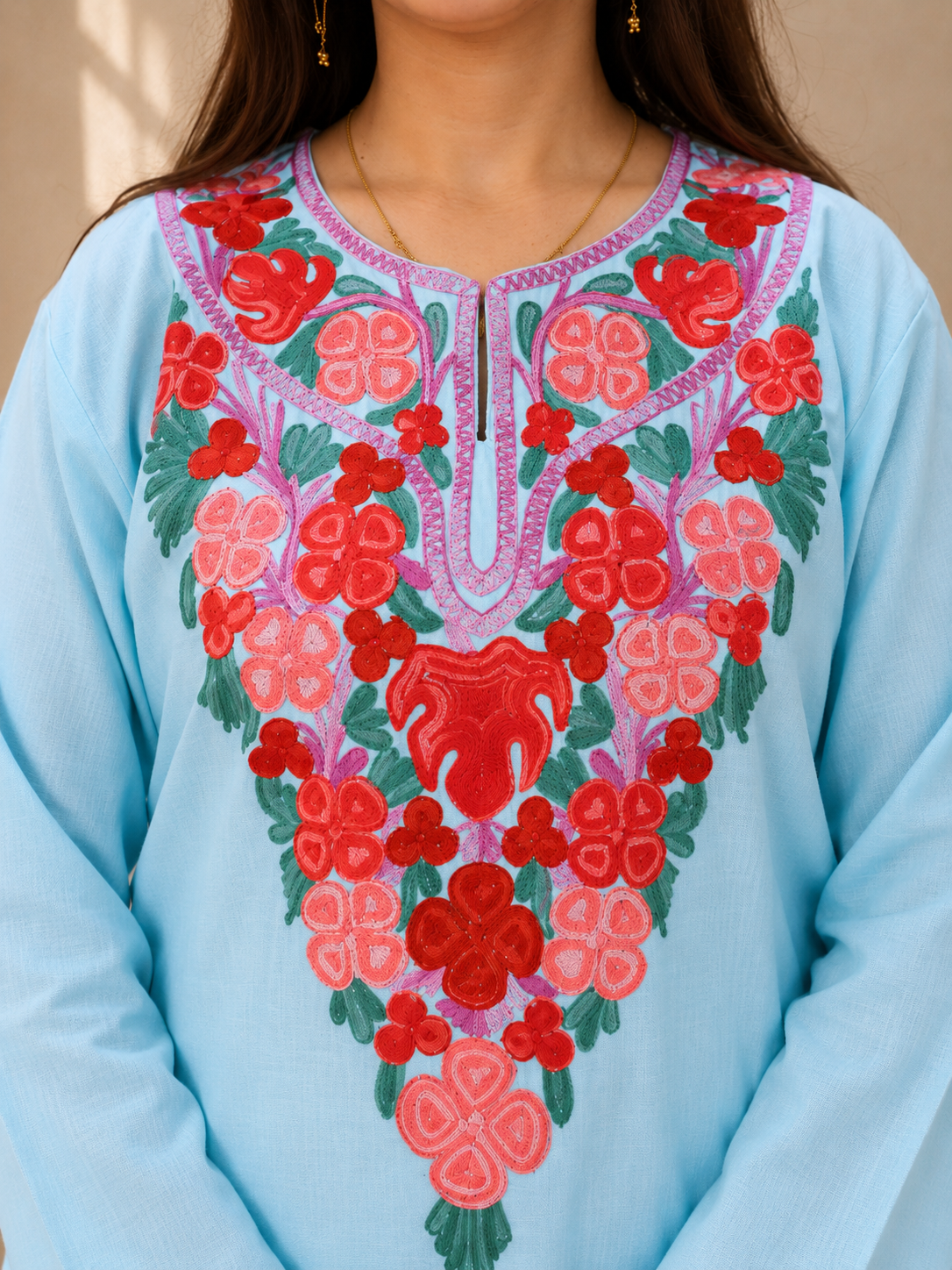 Hand-Embroidered Aari Work Long Kurti in Sea Blue