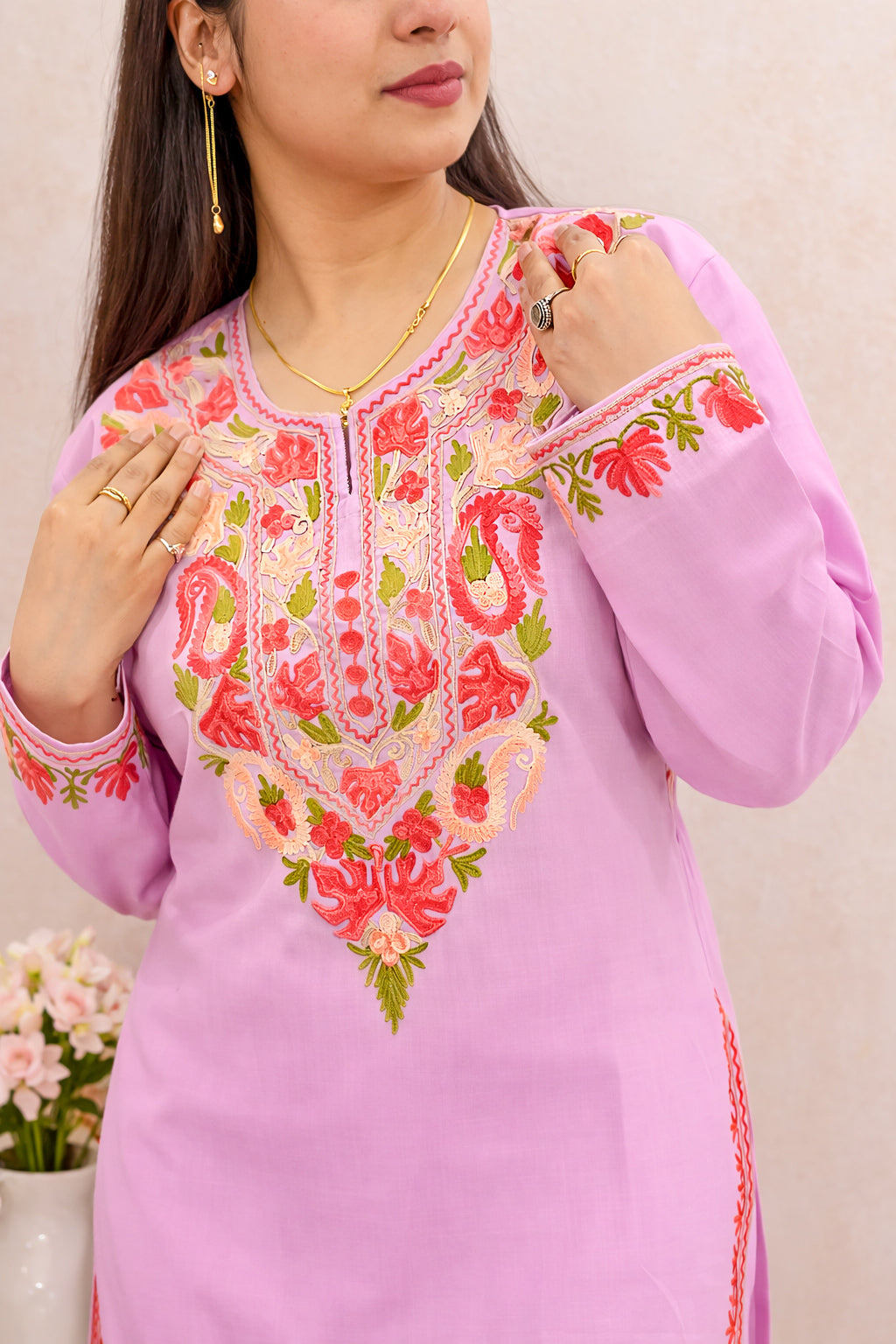 Cotton Pink Kashmiri Aari Work Cord Set