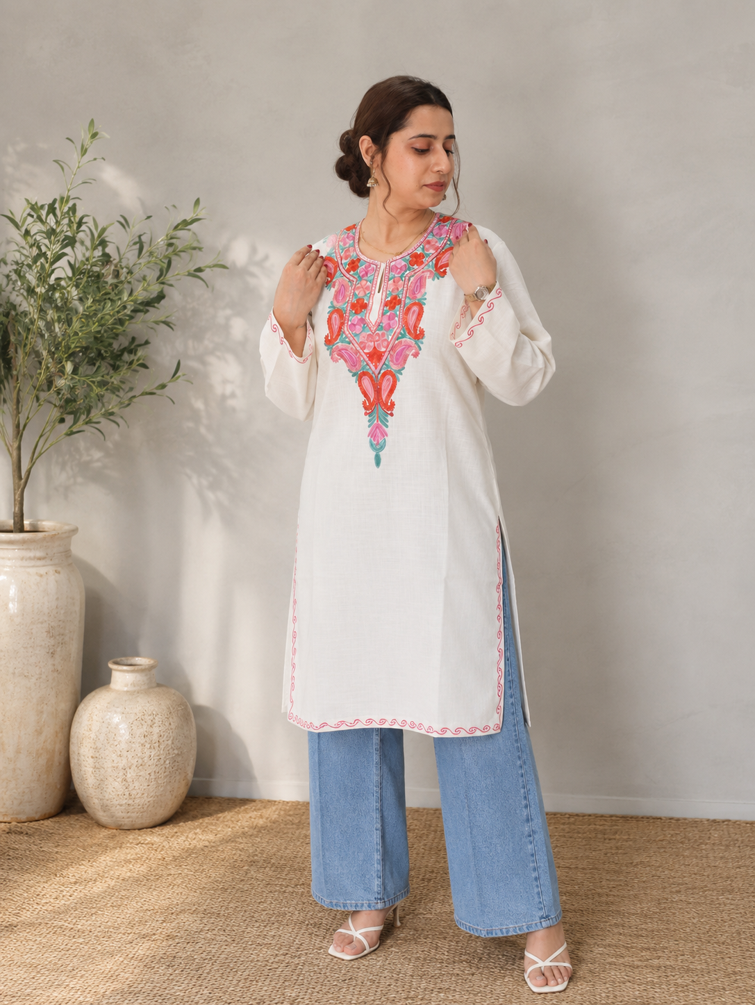 Aari Work Long Kurti in White Brown Ruby Cotton