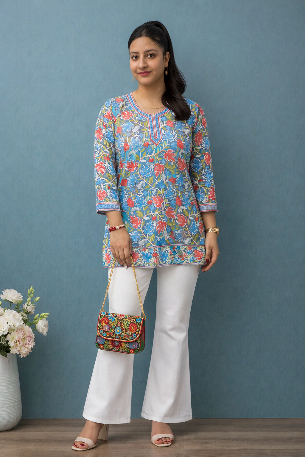 Georgette Sky Blue Kashmiri Aari Work Short Kurta