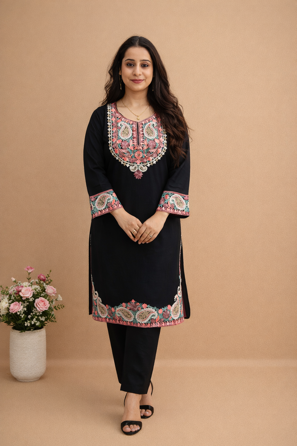 Rayon Black Kashmiri Aari Work Cord Set