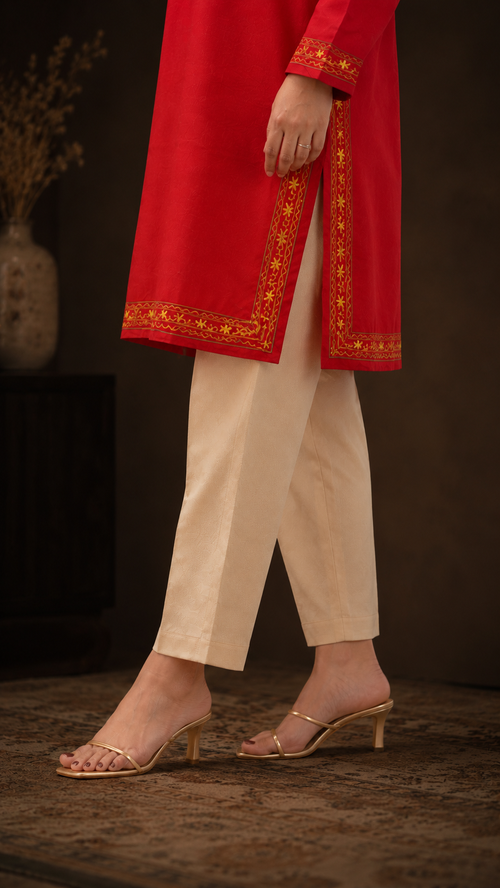 Aari Work Long Kurti in Rich Ruby Cotton