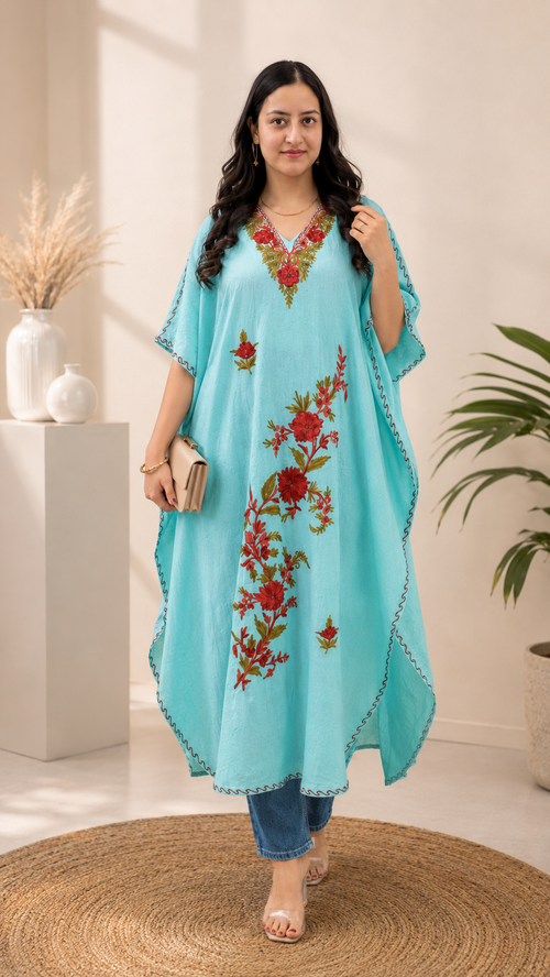 Aari Work Crushed Cotton Kaftan in Serene Sea Green