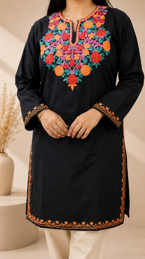 Aari Work Long Kurti in Black Ruby Cotton