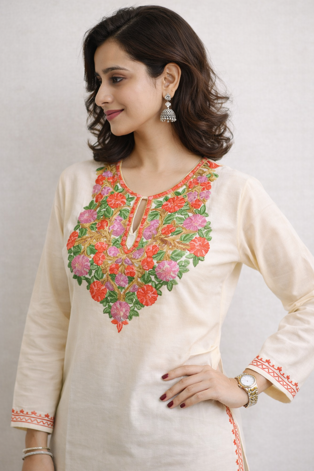 Rayon Cream Red Kashmiri Aari Work Short Kurta