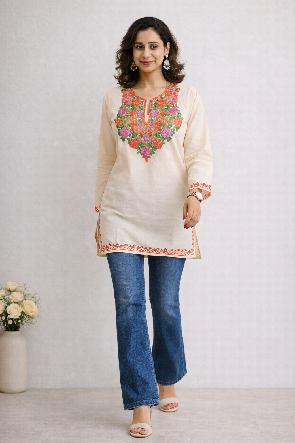 Rayon Cream Red Kashmiri Aari Work Short Kurta