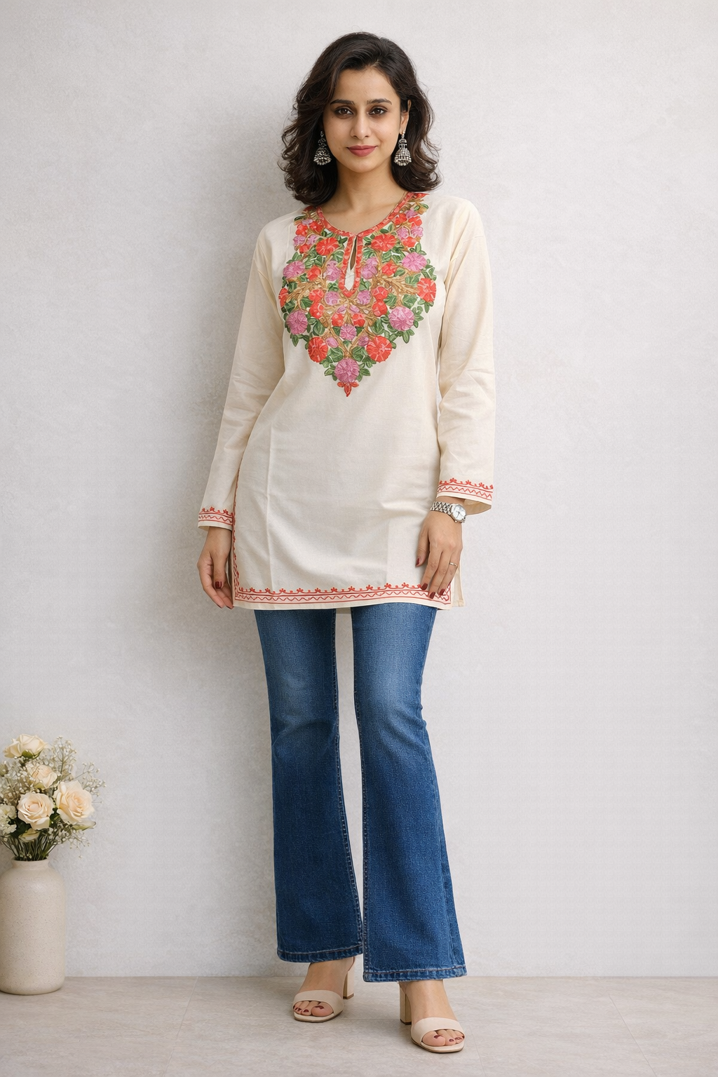 Rayon Cream Red Kashmiri Aari Work Short Kurta