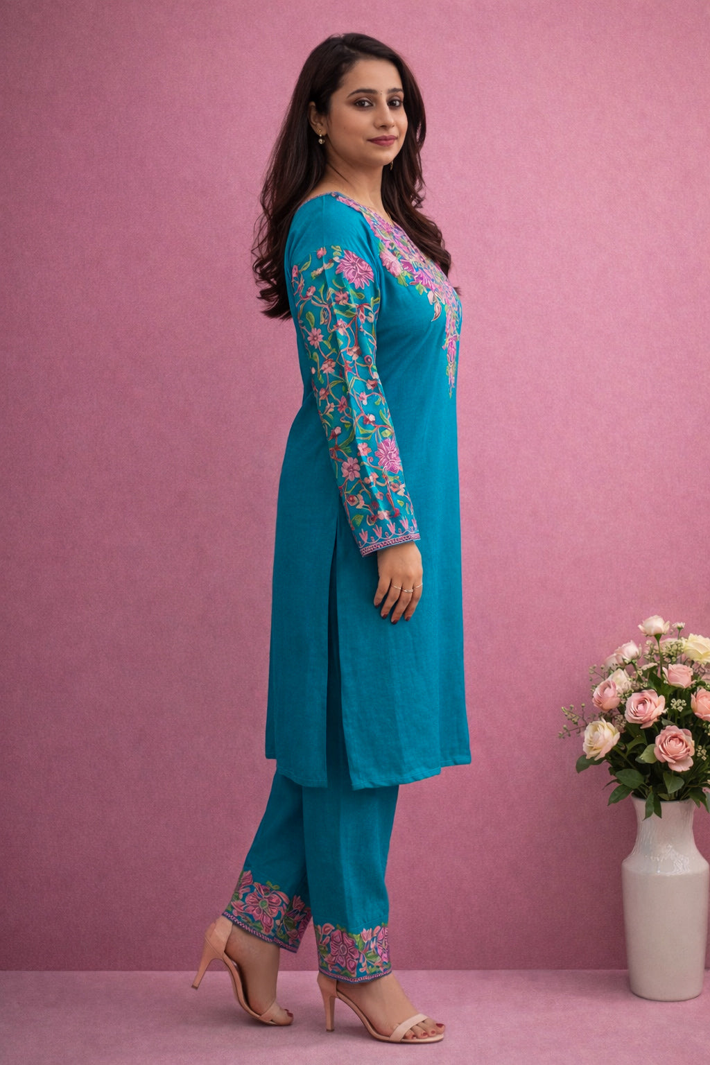 Rayon Teal Kashmiri Aari Work Cord Set